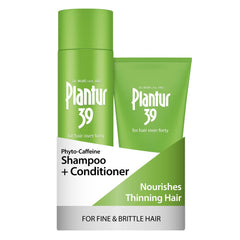 Plantur 39 shampoo bottle pour demonstrates easy scalp cleansing for fuller-looking hair