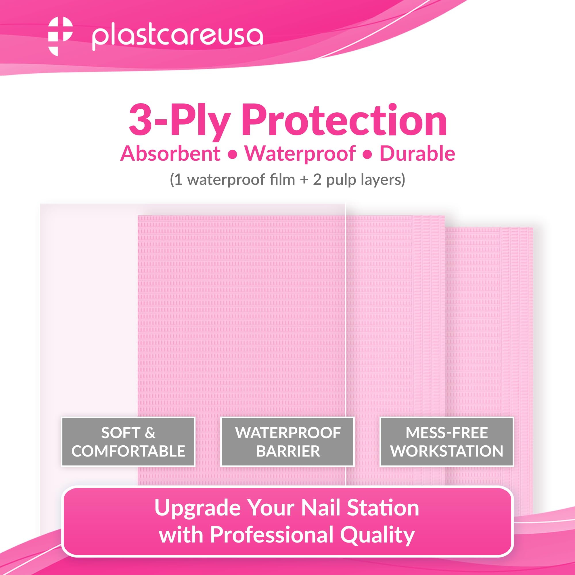PlastCare USA disposable waterproof nail mat prevents seepage and makes cleanup easier.