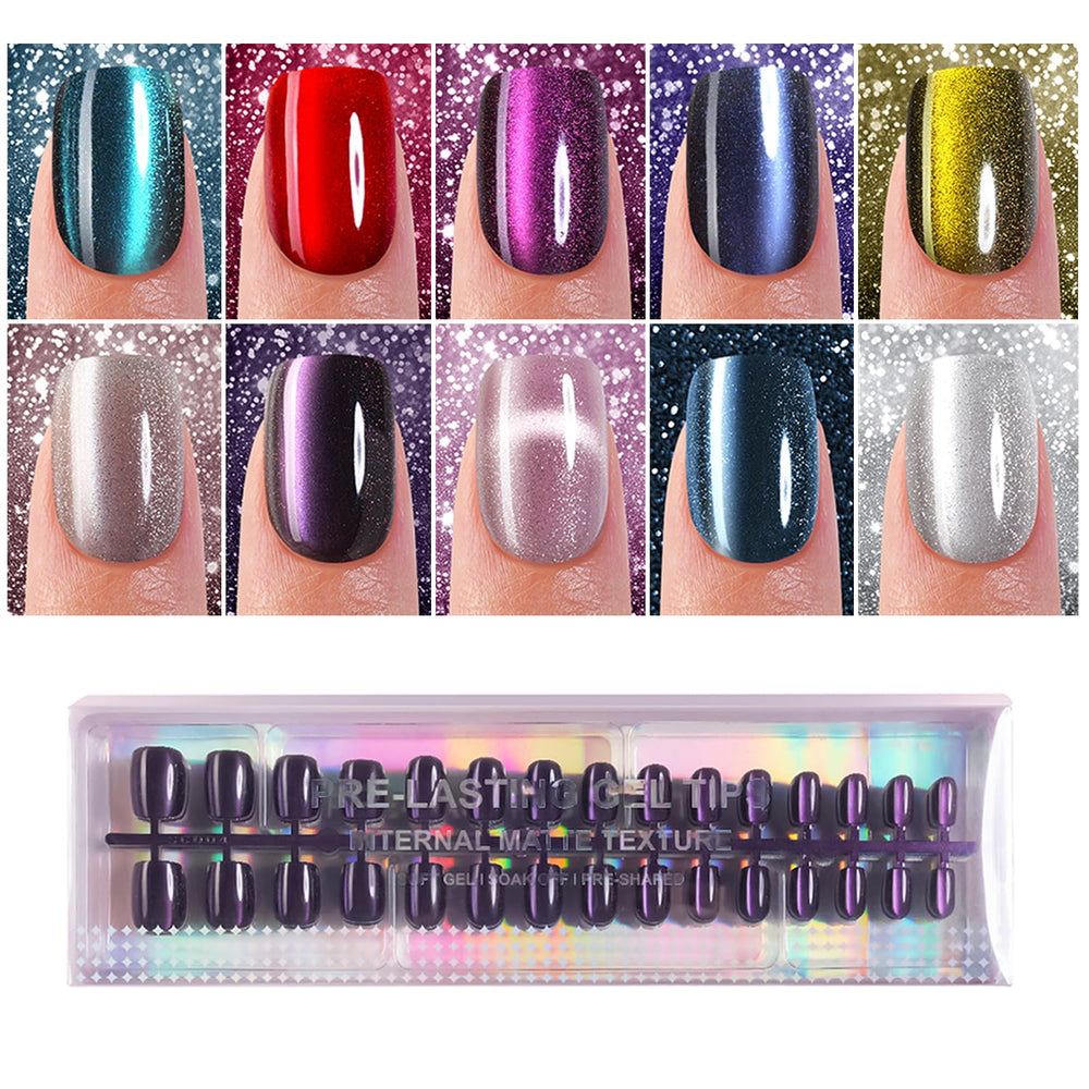 Plauva Uñas cat eye en formato corto y cuadradas; 15 tallas para ajuste cómodo