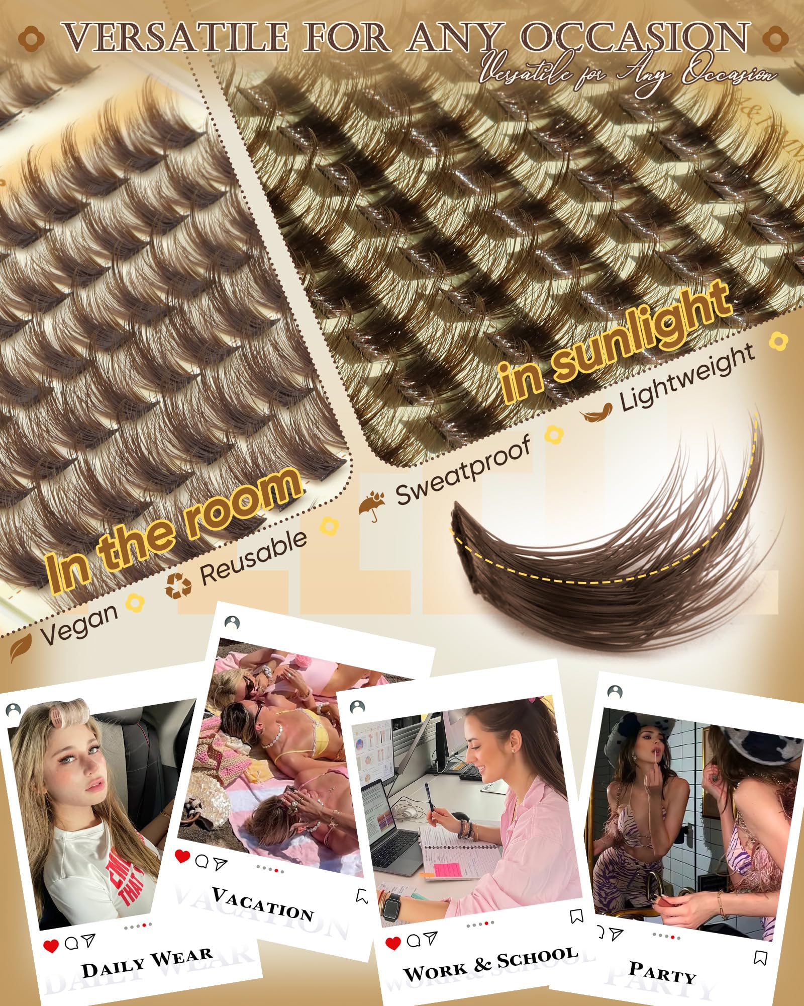 Pleell Brown Lash Clusters packaging image emphasising compact, travel-friendly set.