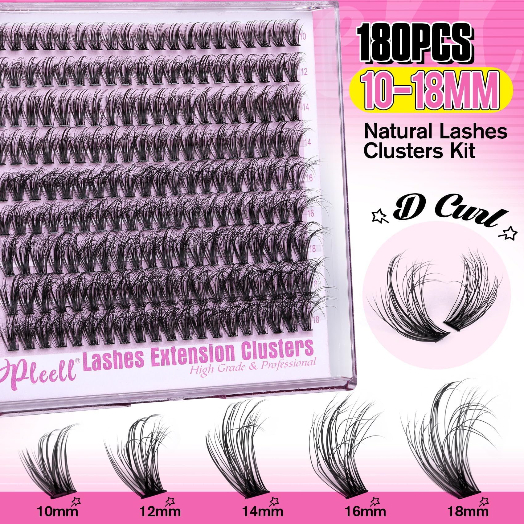 Pleell DCurl cluster lashes 10-18mm for lightweight wispy volume.