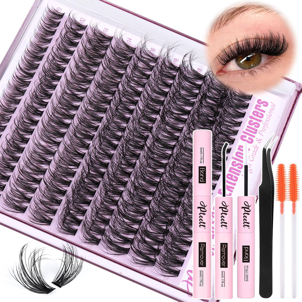 Pleell Fluff Lash Extensions Kit contents ready for at-home salon results.