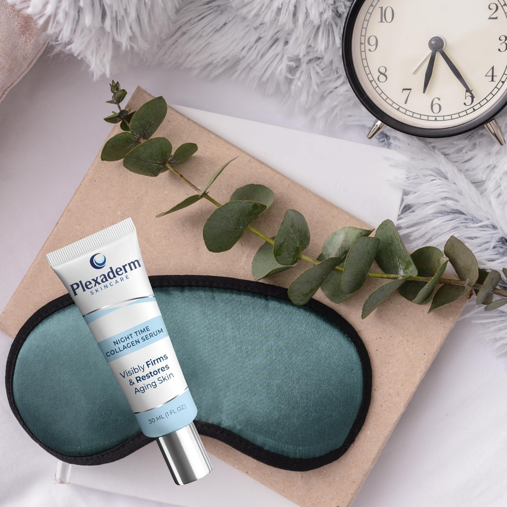 Plexaderm Night Time Collagen Serum on a bedside setup suggesting nightly routine.