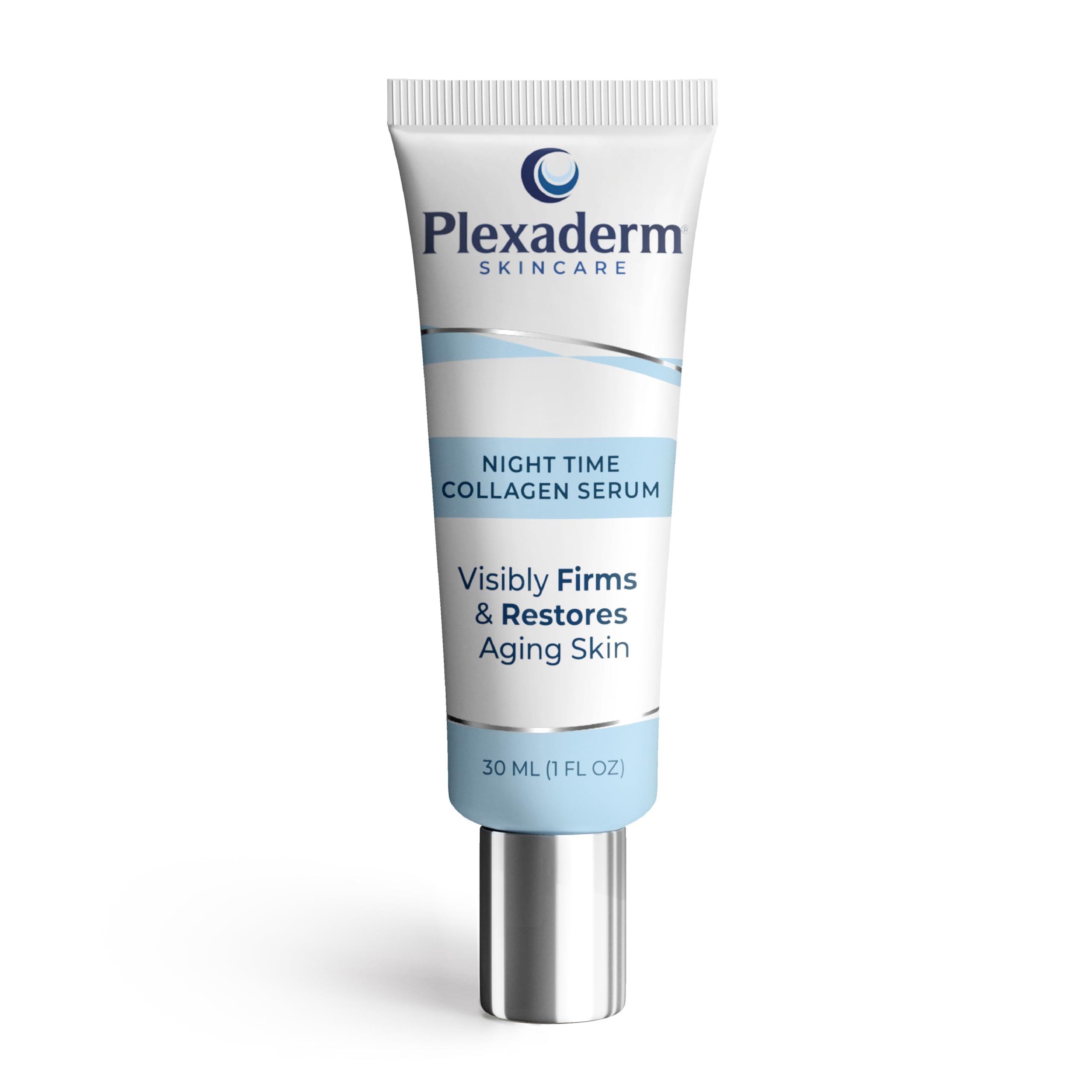 Plexaderm night-time collagen serum bottle closeup for firmer, smoother skin