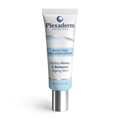 Plexaderm night-time collagen serum bottle closeup for firmer, smoother skin