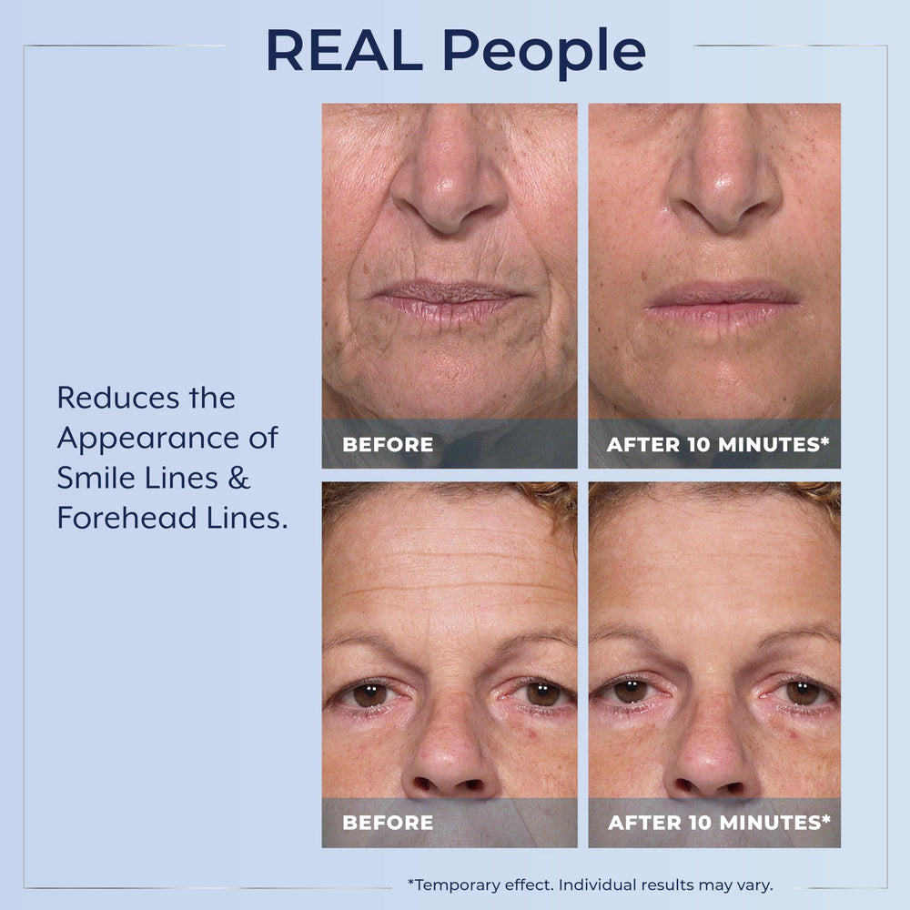 Plexaderm eye serum swatch on skin demonstrates fast absorption for refreshed eyes.