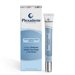 Plexaderm Rapid Reduction Eye Serum tube on a vanity for quick daily use.