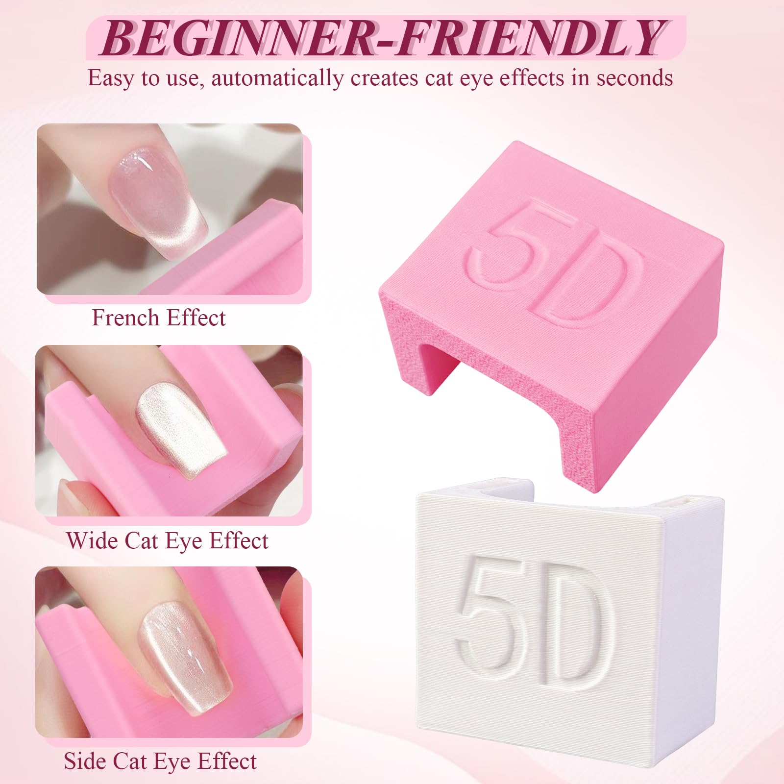 Three effects in one tool for French, wide, and side cat eye designs.