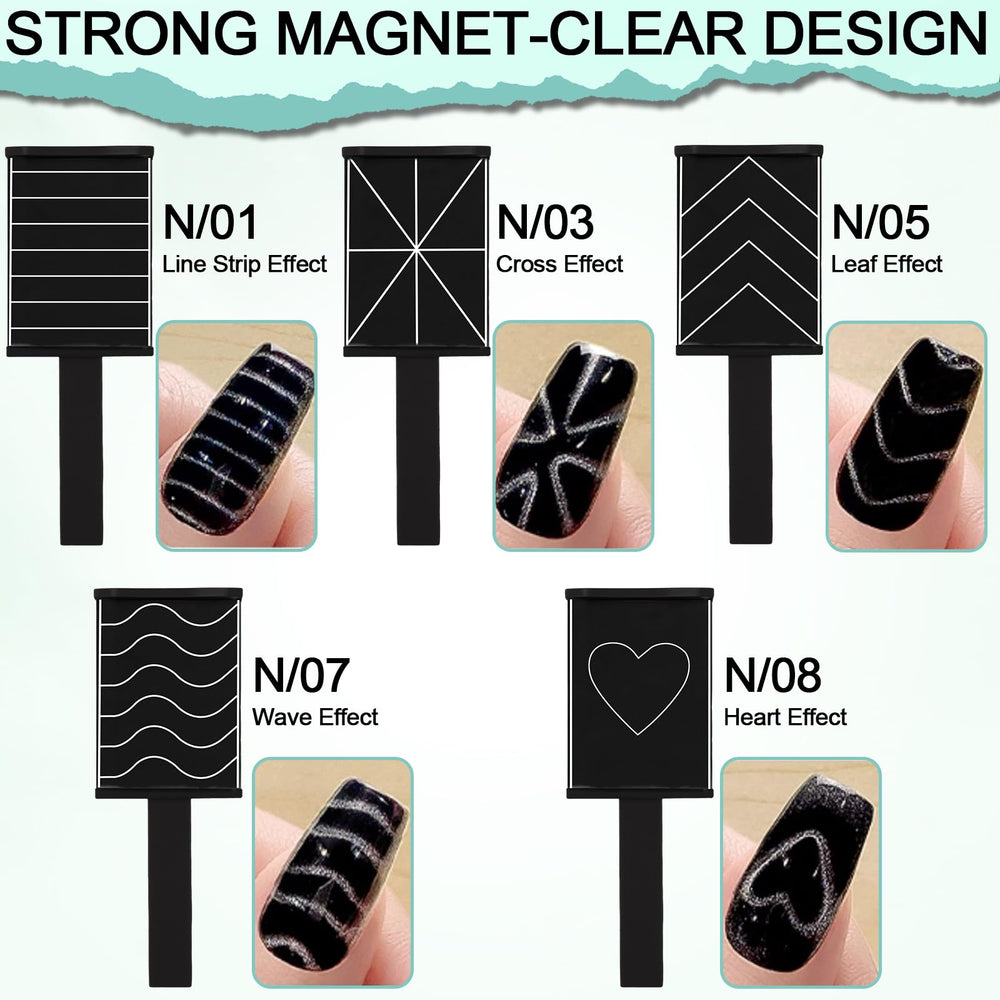 Plman pre designed magnetic plates offer varied cat eye patterns for versatile nail art.