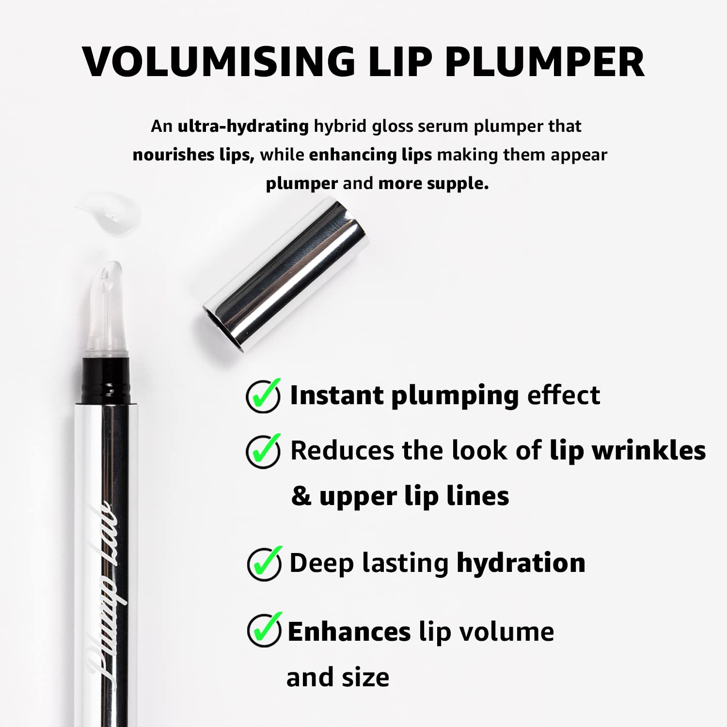 Textura sedosa de Plump Lab, primer plano en labios brillantes y lisos.
