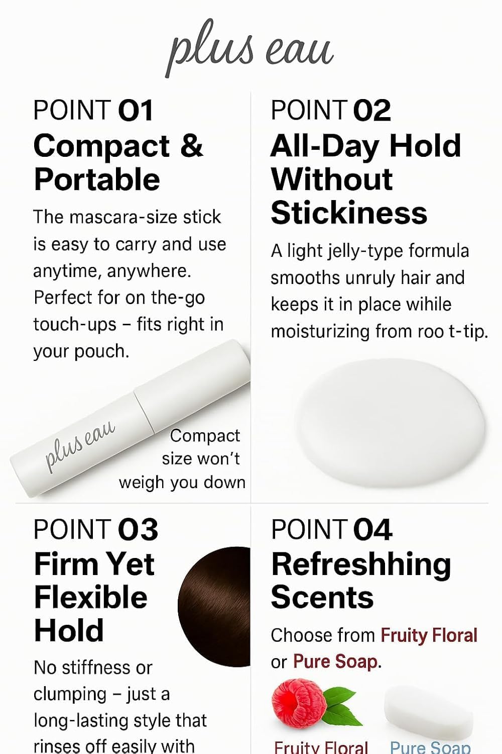 Plus eau Point Repair Stick application wand close-up for precise edge taming.