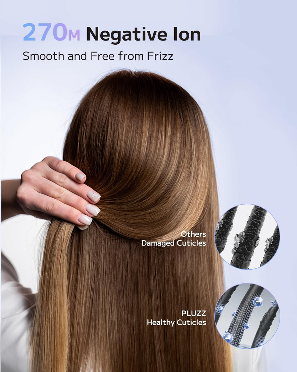 PLUZZ ionic technology balances static for smoother hair