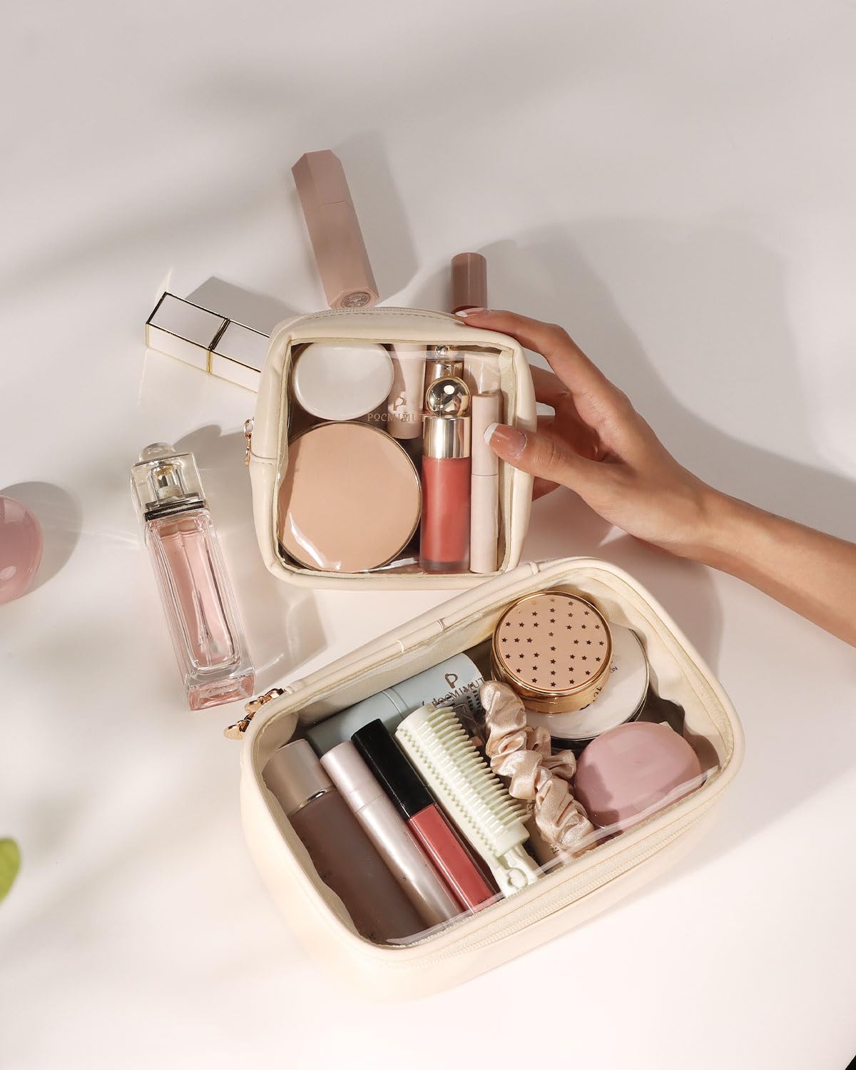 Pocmimut beige travel essentials bag blends with any luggage setup.