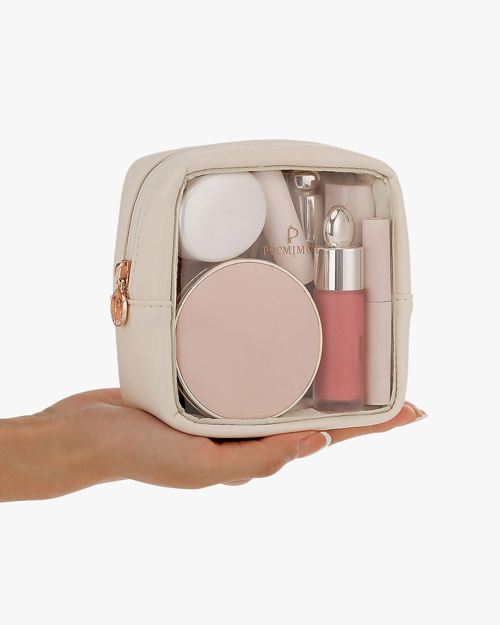 Pocmimut travel toiletry bag beige compact design for organized storage.