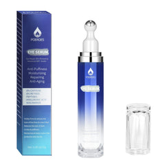 POEROES eye serum bottle with 360° roller for brighter under-eye appearance.