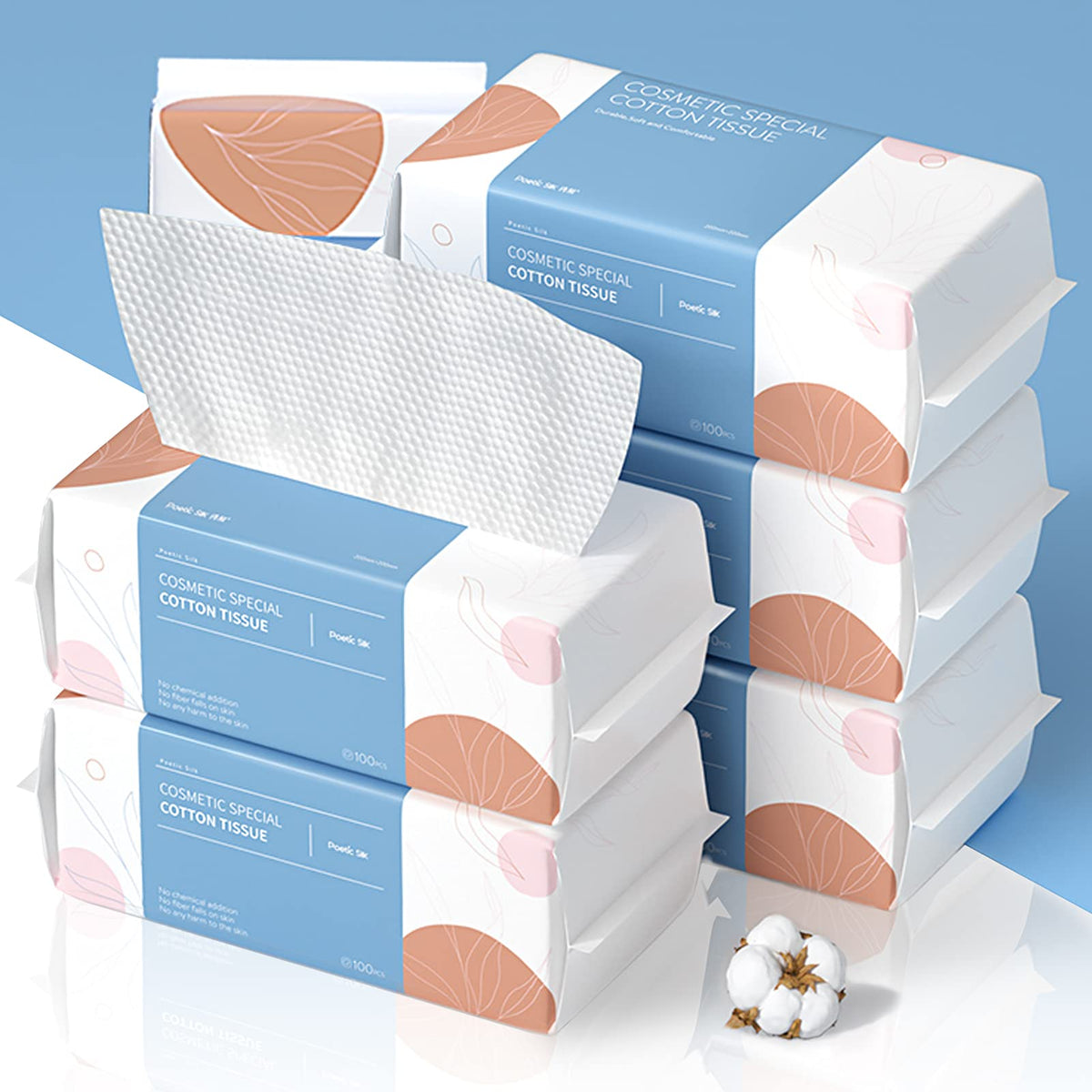 PoeticEHome soft dry wipe six-pack packaging, durable 100% cotton for gentle makeup removal.