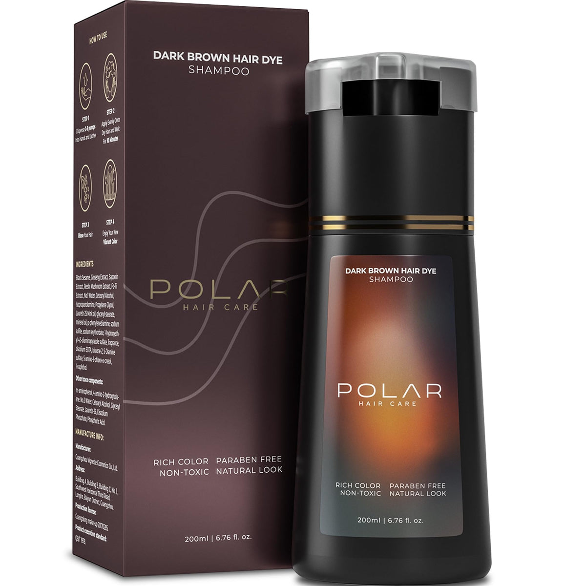 POLAR HAIR CARE dark brown shampoo pour shows quick color application
