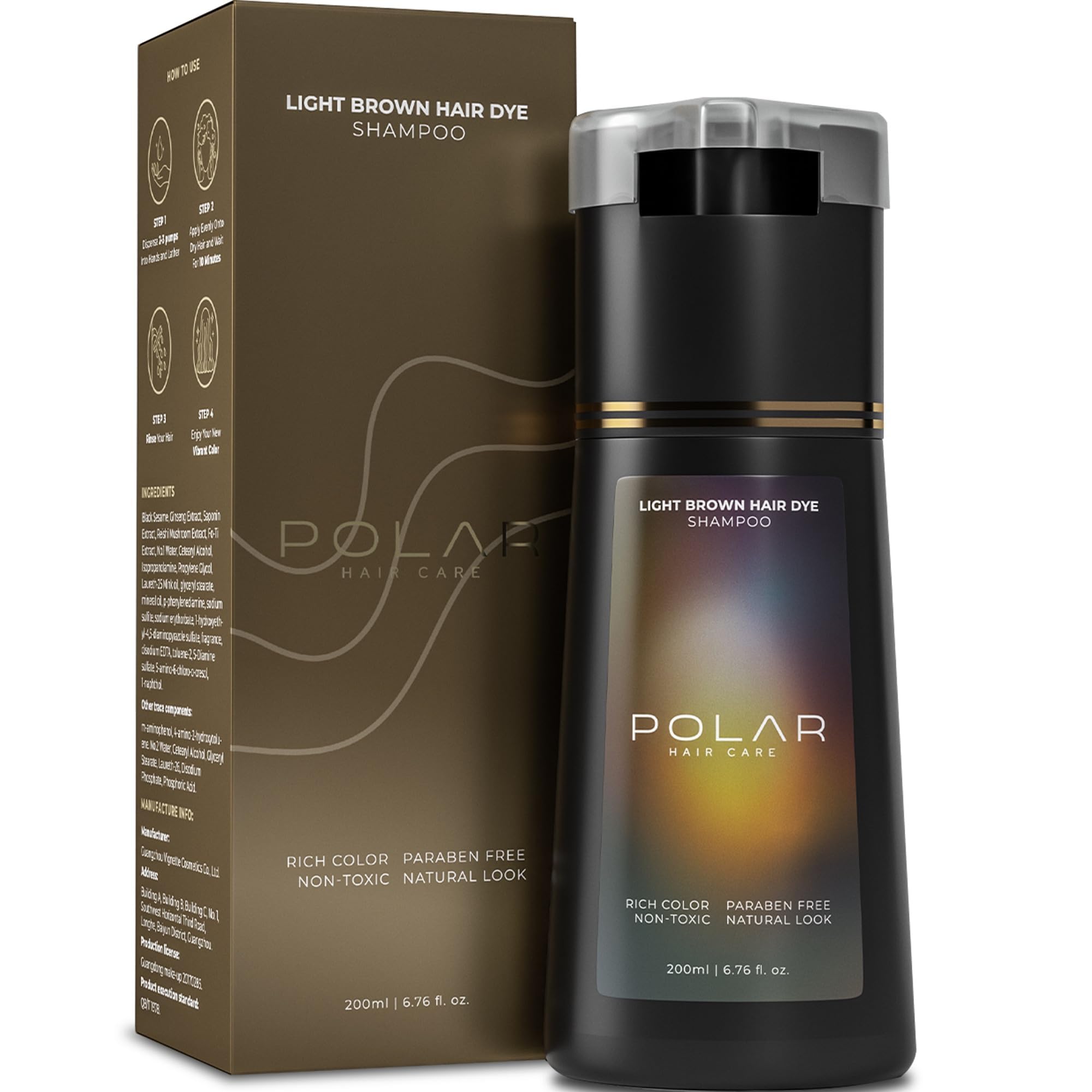Polar Hair Care dye shampoo provides gray cover in 10 minutes for a natural look.