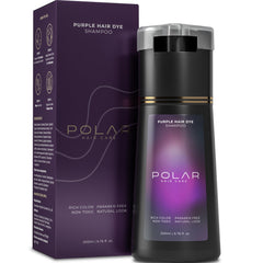 Polar Hair Care purple dye shampoo bottle shows gray coverage for vibrant tone