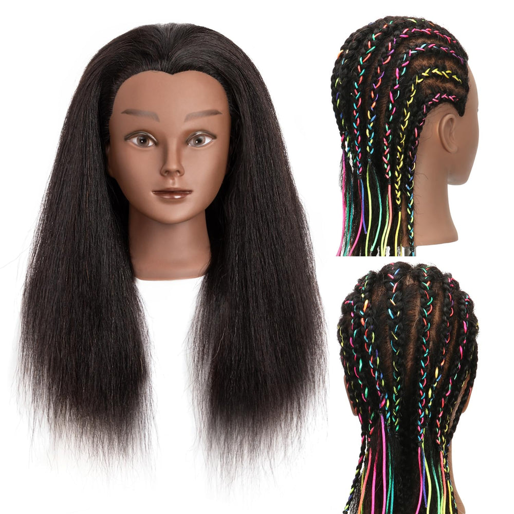 POLRISLY 16-inch real-hair mannequin head for versatile styling practice.