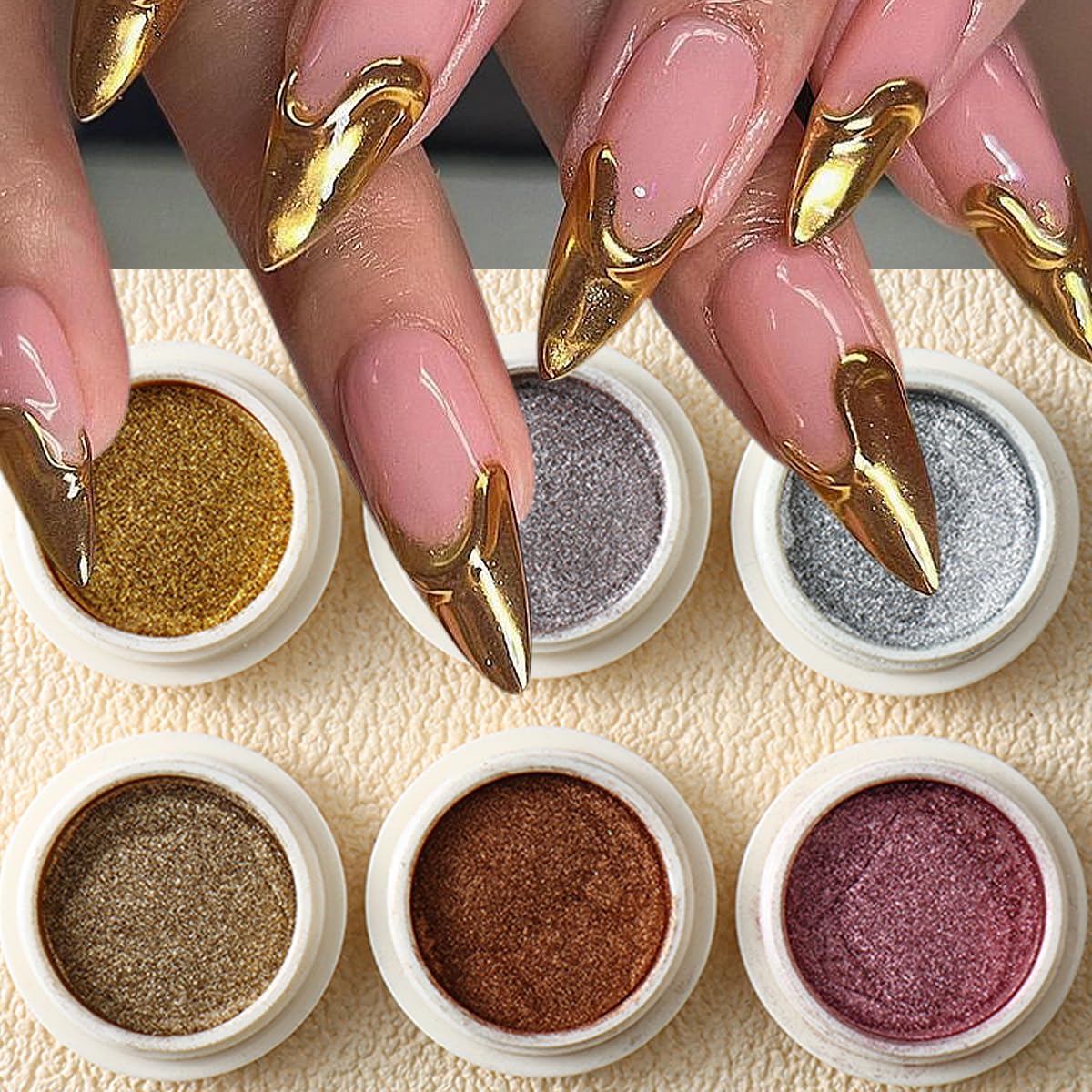 Polvo cromado para uñas oro rosa, brillo intenso para manicuras.