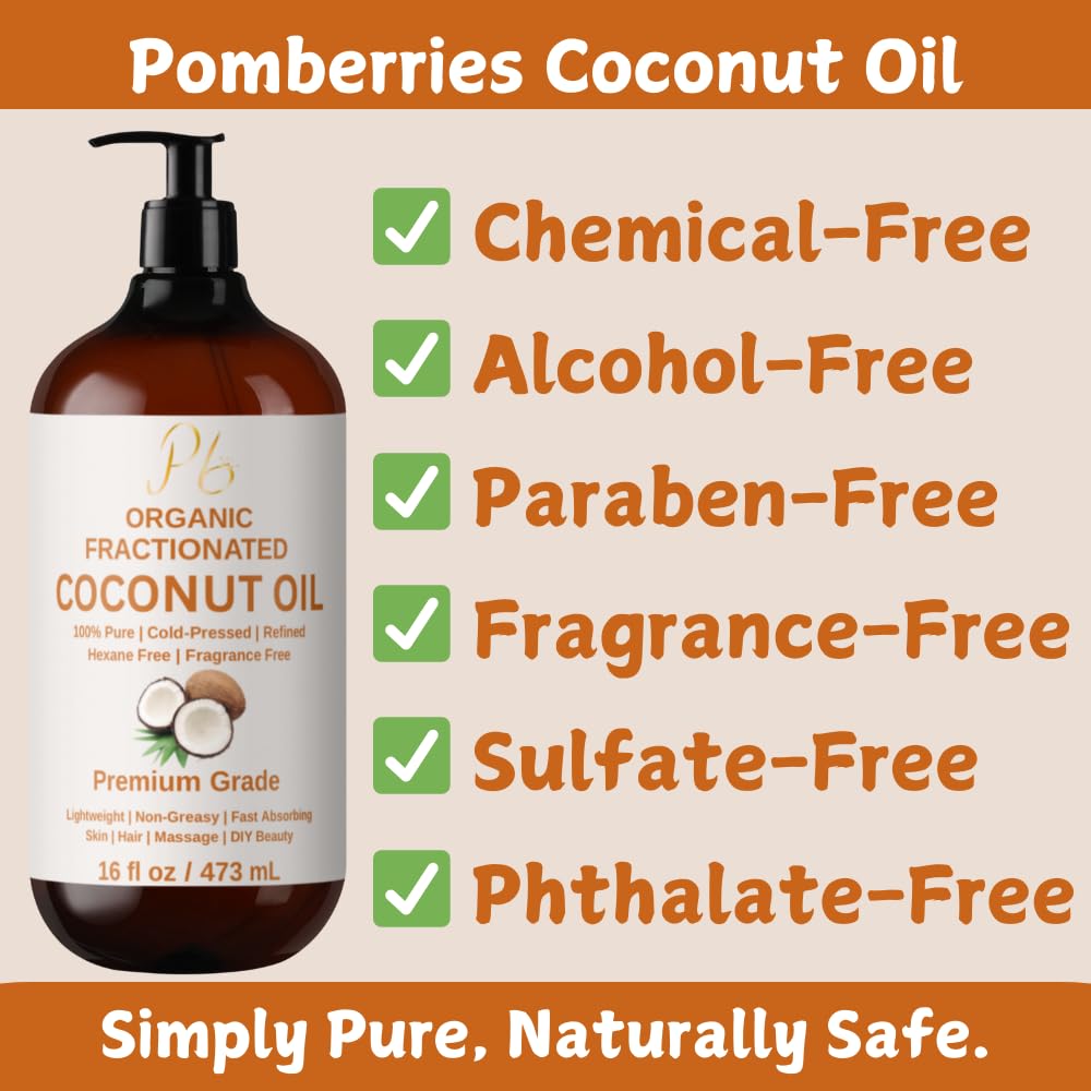 Pomberries aceite de coco fraccionado, absorción rápida para piel suave y flexible.