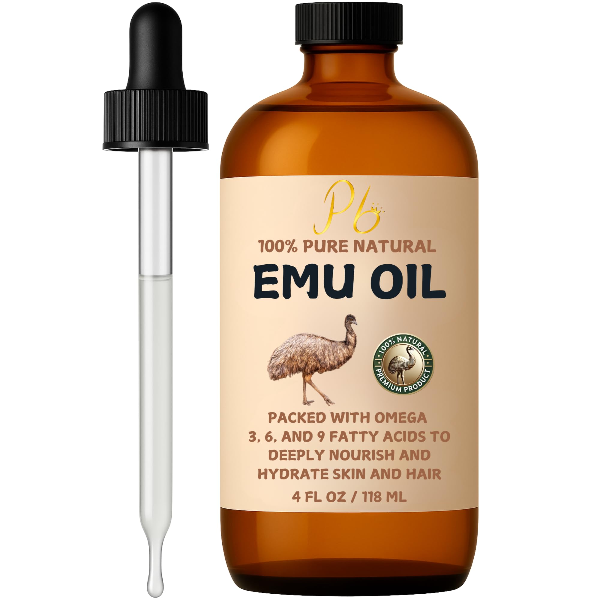 Pomberries Emu Oil en botella de vidrio ámbar para hidratación suave de la piel.