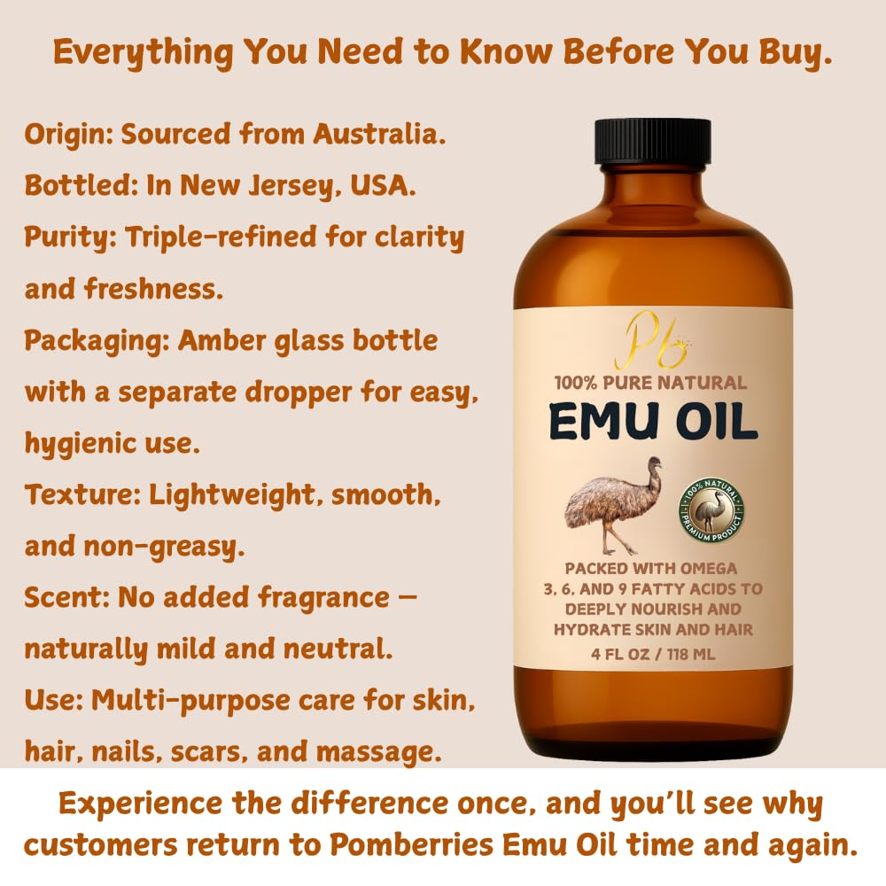 Pomberries Emu Oil con cuentagotas para dosificación precisa.