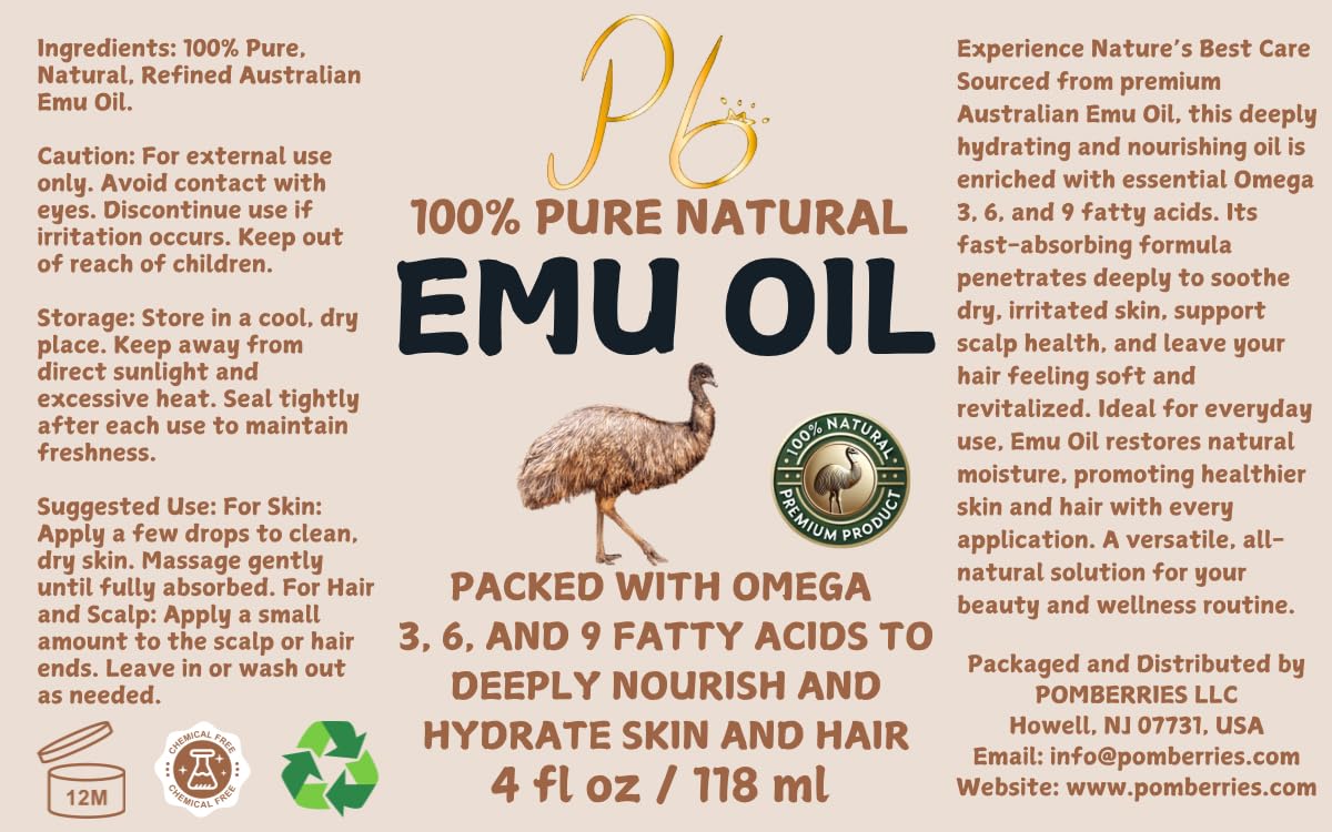 Pomberries Emu Oil para uso externo diario, cuidado de piel y cuerpo.