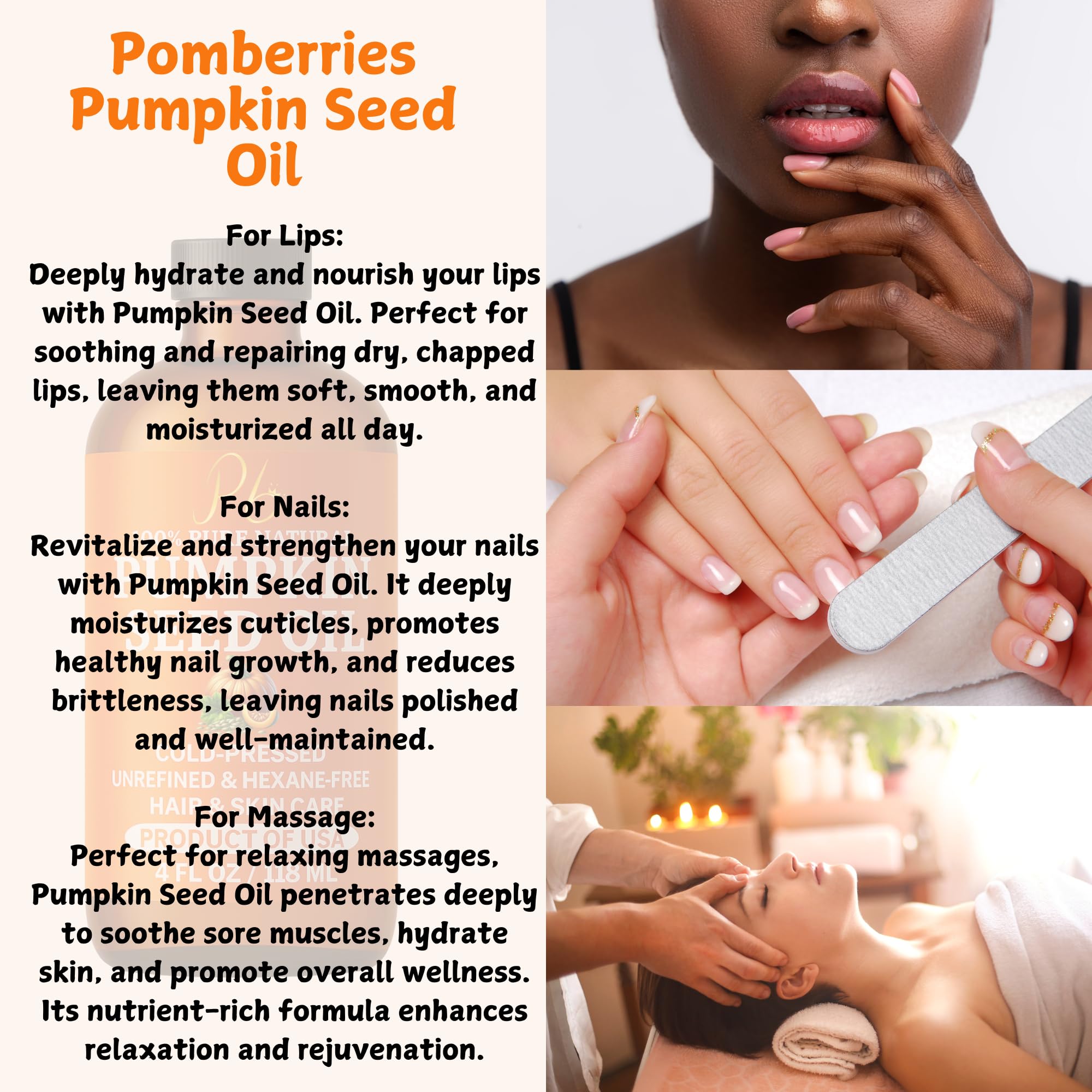 Masaje facial y corporal con Pomberries Aceite de Semilla de Calabaza