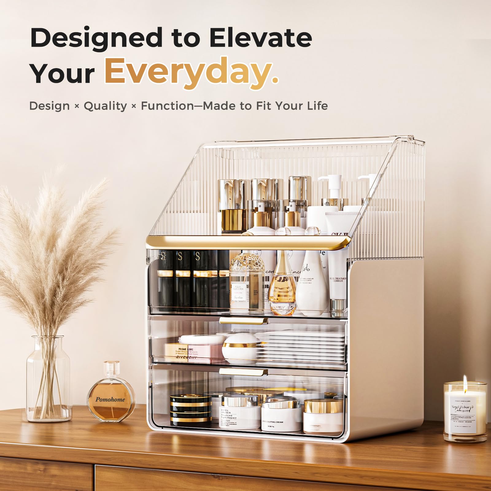 Pomohome dust cover removes to reveal open storage in seconds.