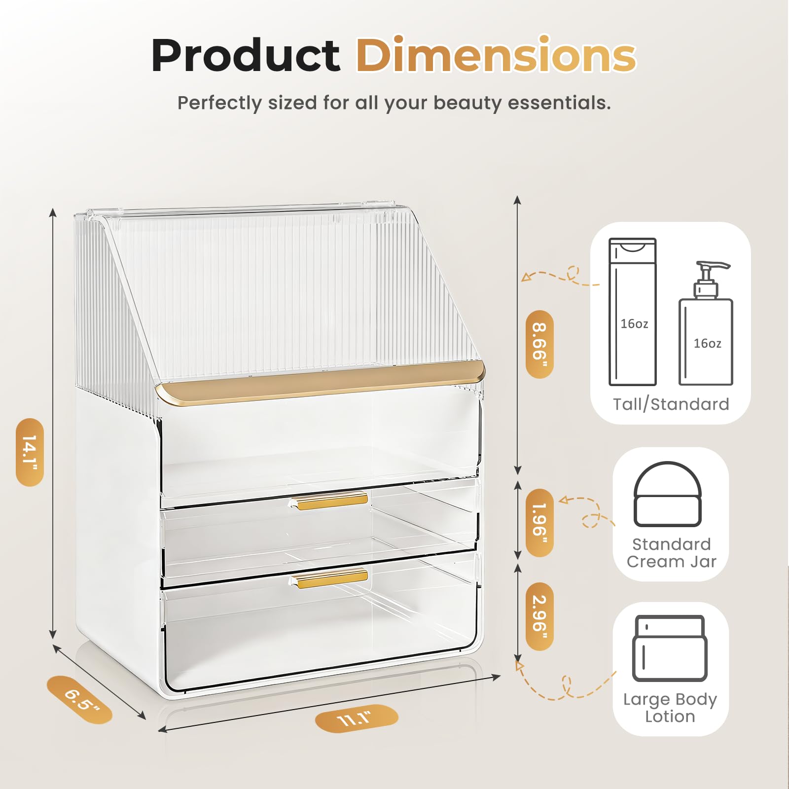 Pomohome top layer holds large skincare bottles, simplifying daily routines.