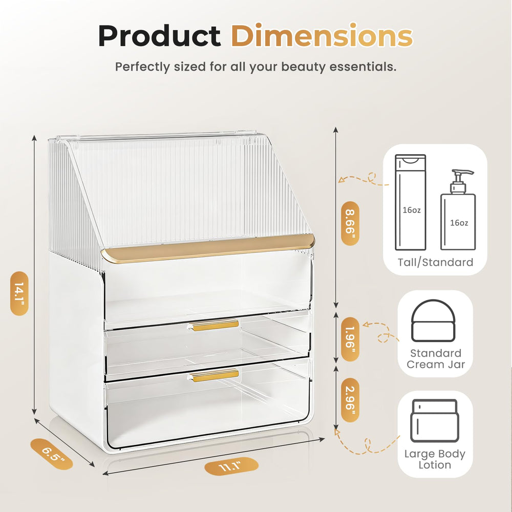 Pomohome top layer holds large skincare bottles, simplifying daily routines.