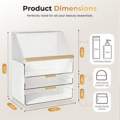 Pomohome top layer holds large skincare bottles, simplifying daily routines.