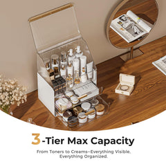 Pomohome upper layer stores perfumes and serums neatly within reach.