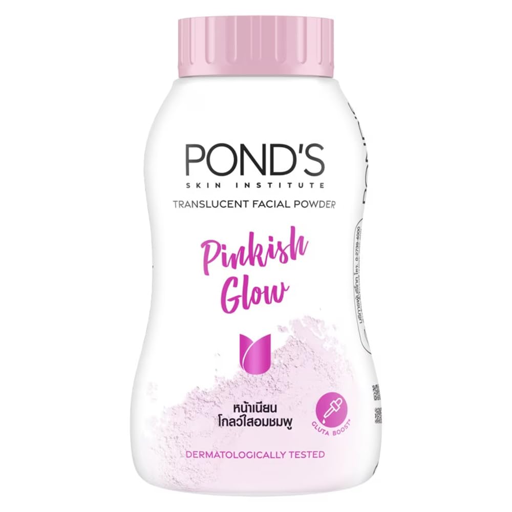 POND'S Angel Face Pinkish White Glow powder jar showing silky finish for shine control