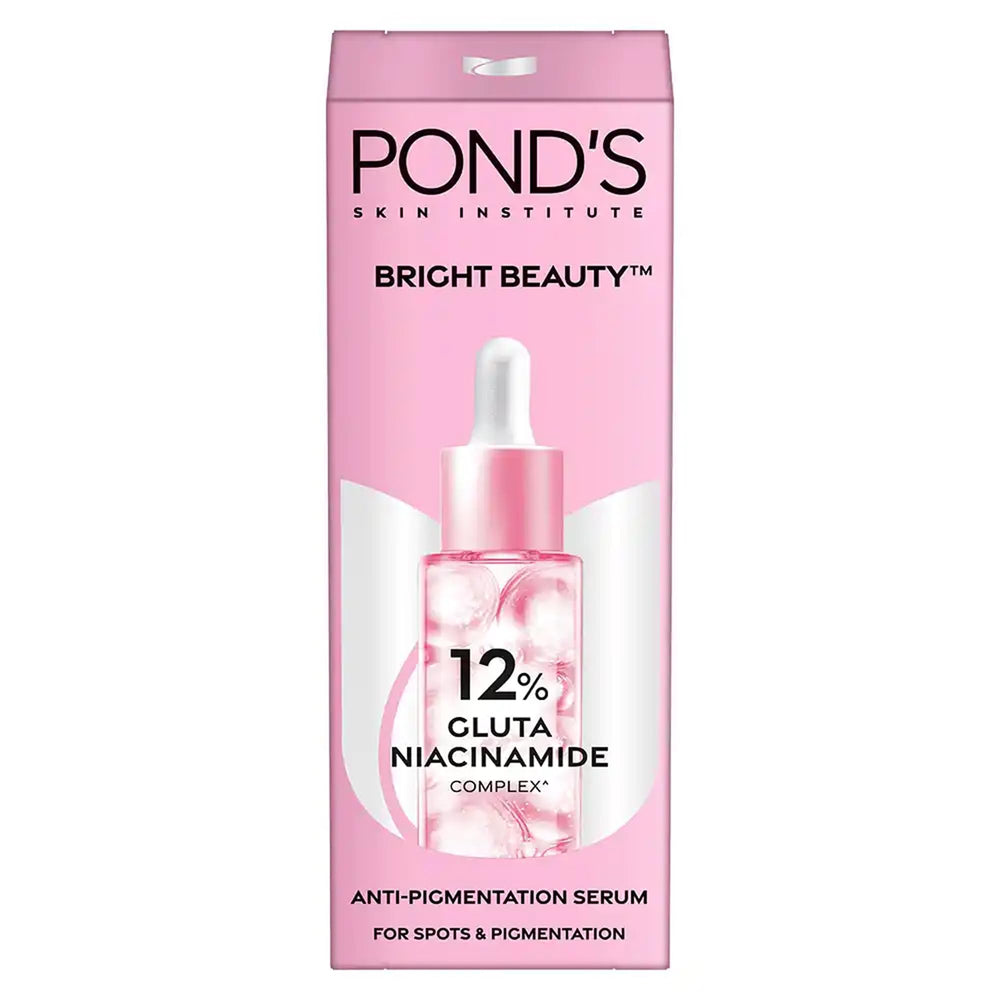 POND'S Bright Beauty Serum bottle shows glow-boosting 12% Gluta-Niacinamide complex for brightening