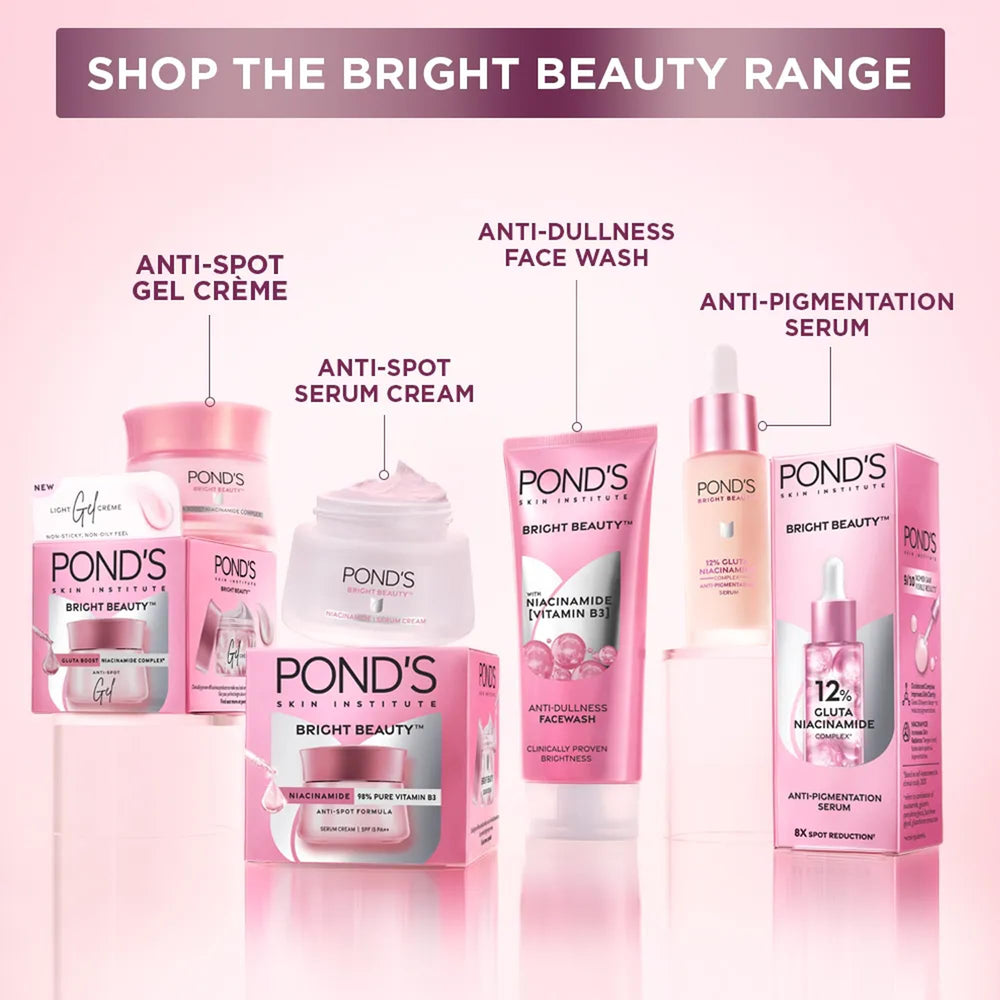 POND'S Bright Beauty Serum bottle pouring drops onto skin for treatment