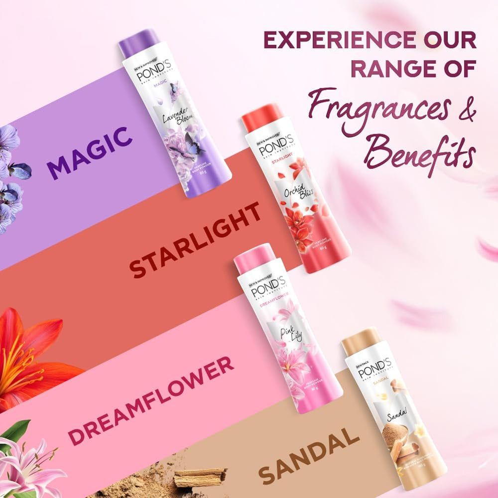 POND'S Dream Flower Talc shown in a bathroom setting for daily use.