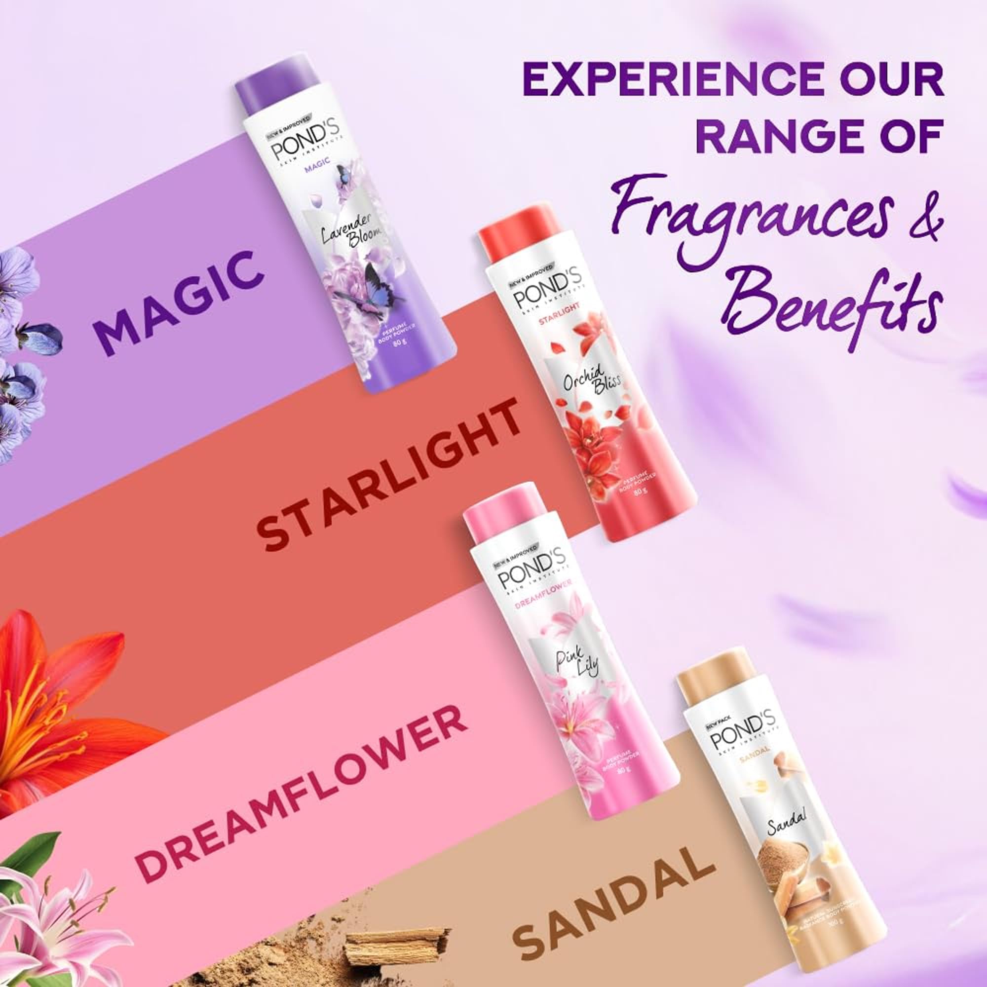 Pond's Dreamflower Talco, envase vibrante con tapa giratoria.