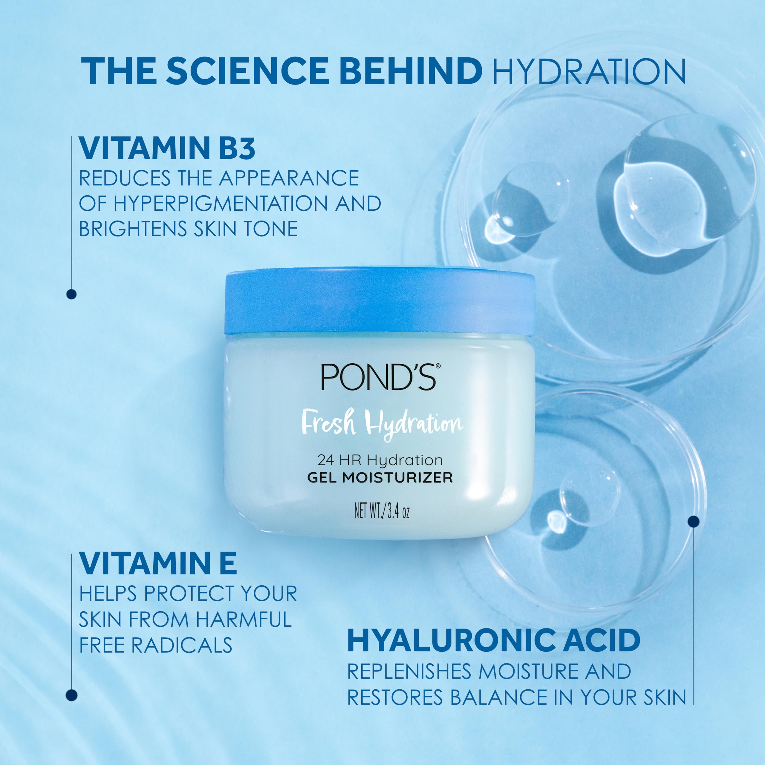Close-up of four hyaluronic acid types in POND’S gel for deep hydration