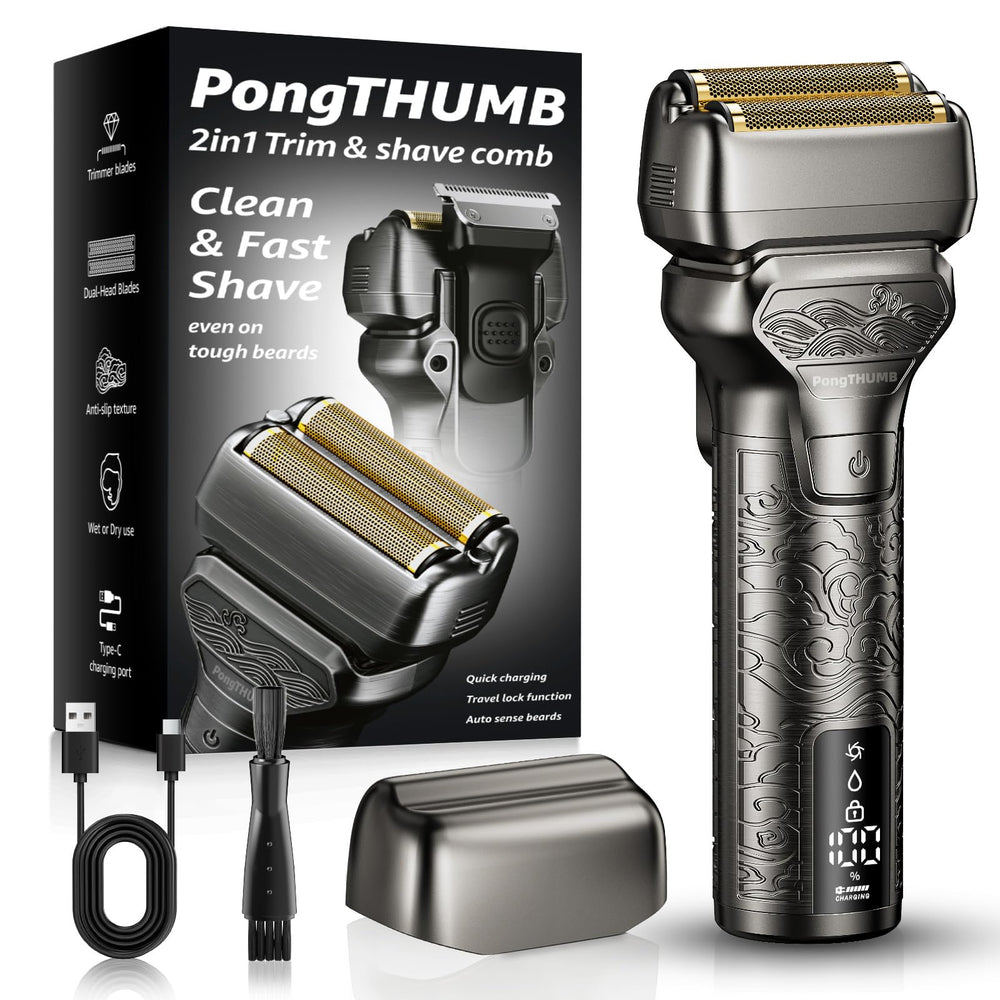 PongTHUMB electric razor dual foil heads for a close, skin-friendly shave.