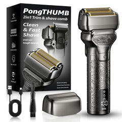 PongTHUMB electric razor dual foil heads for a close, skin-friendly shave.