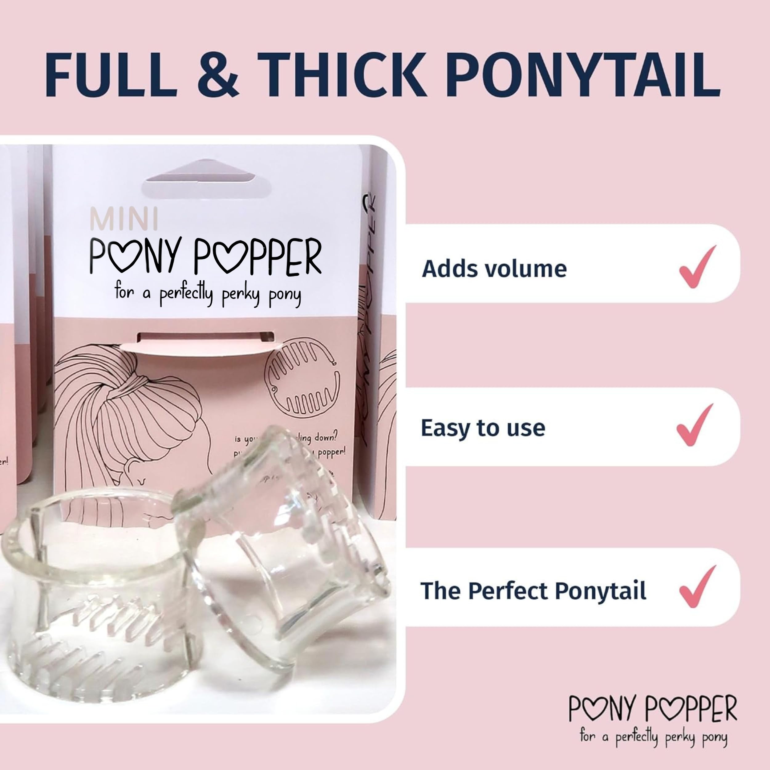 Pony Popper Mini Clip, vista trasera, agarre firme que sostiene coletas sin tirones.