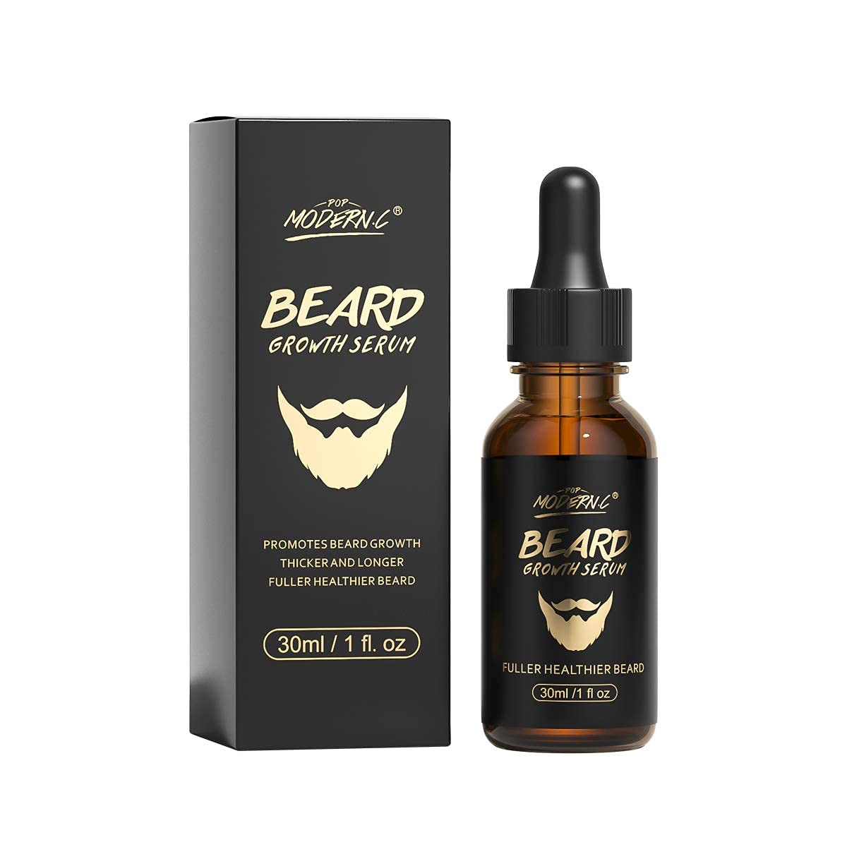 POP MODERN.C beard oil bottle on wooden surface for growth routine