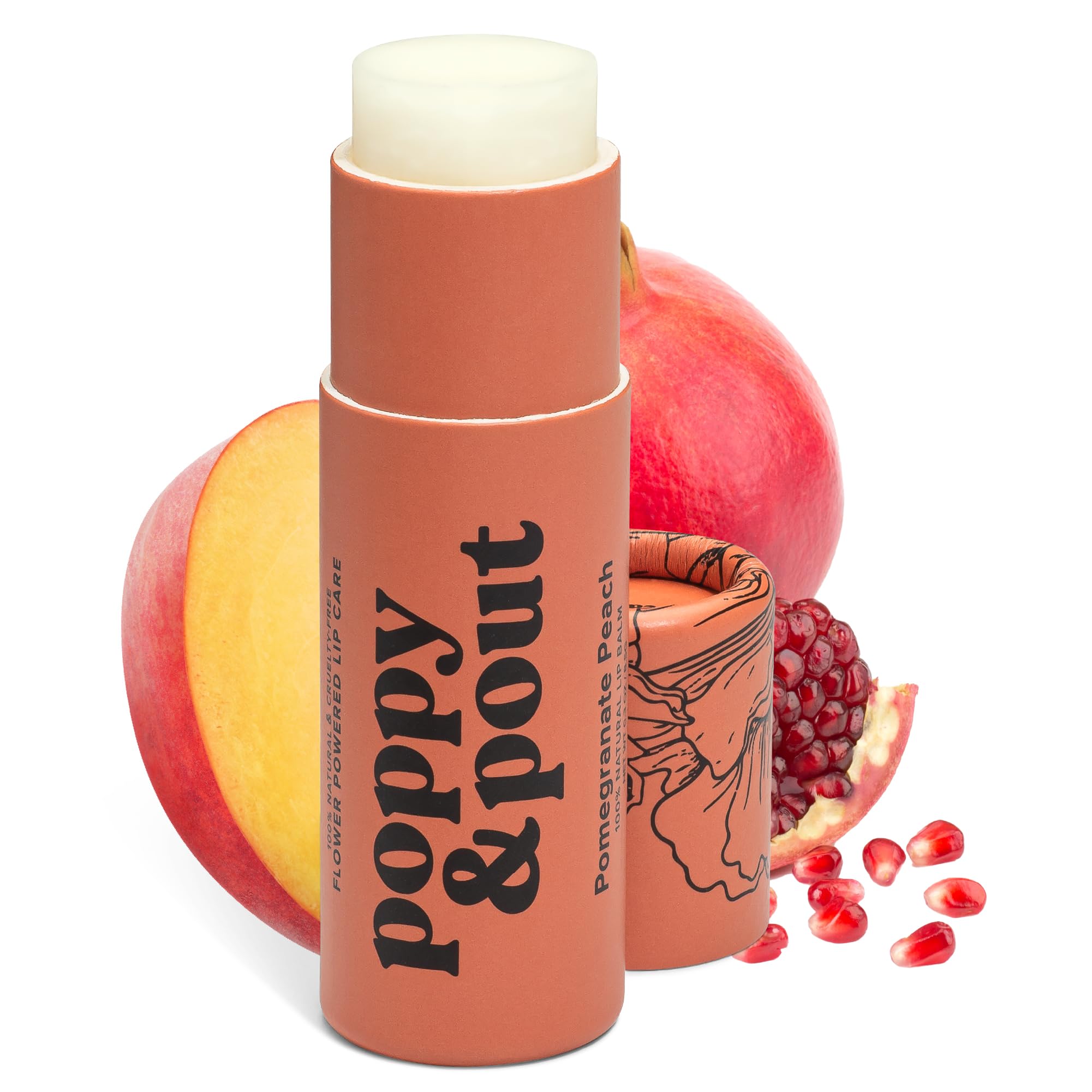 Bálsamo labial Poppy & Pout granada-durazno en formato grande para hidratación.