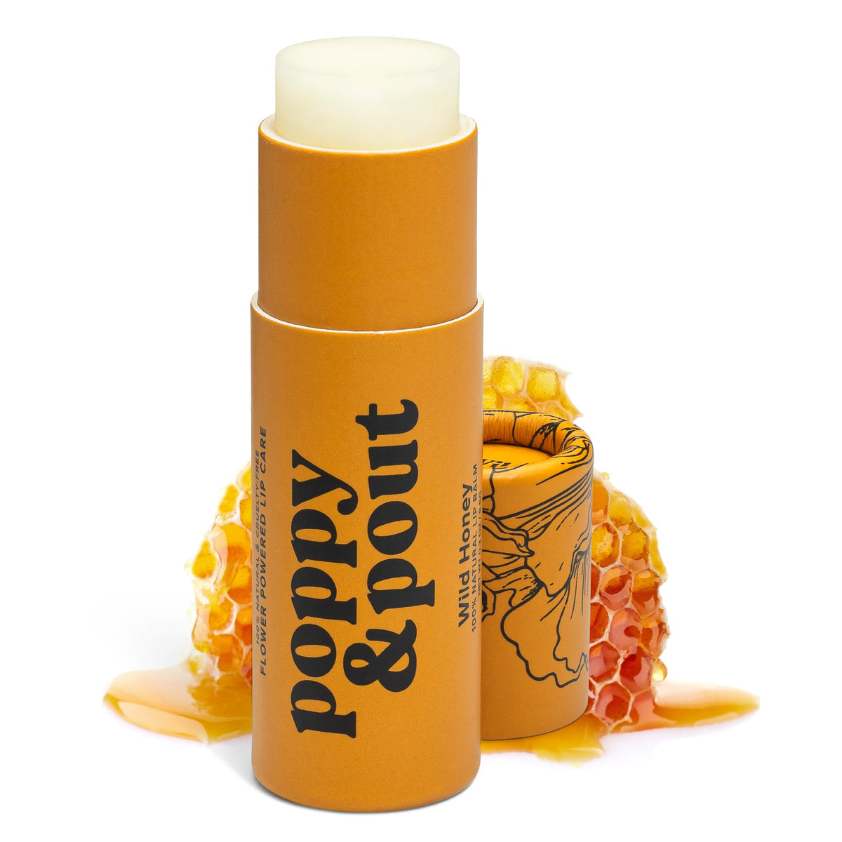 Bálsamo labial Poppy & Pout miel salvaje, hidratación duradera.