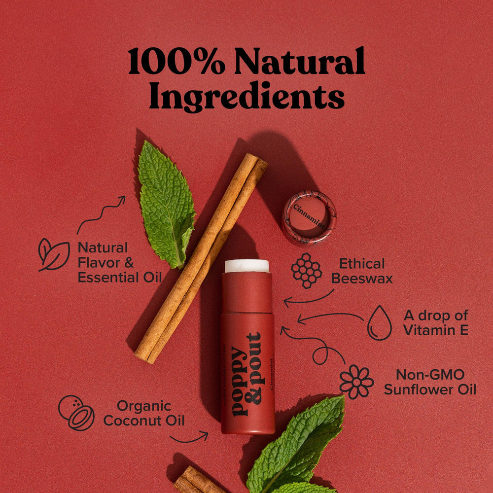 Poppy y Pout bálsamo labial textura cremosa para labios secos y confort.