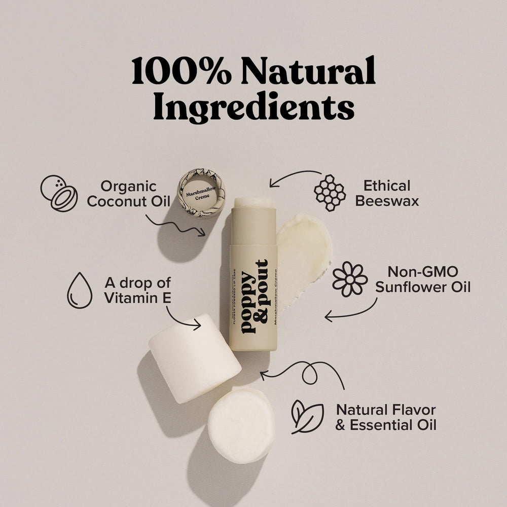 Poppy & Pout bálsamo labial en tubo cartón reciclable, diseño minimalista