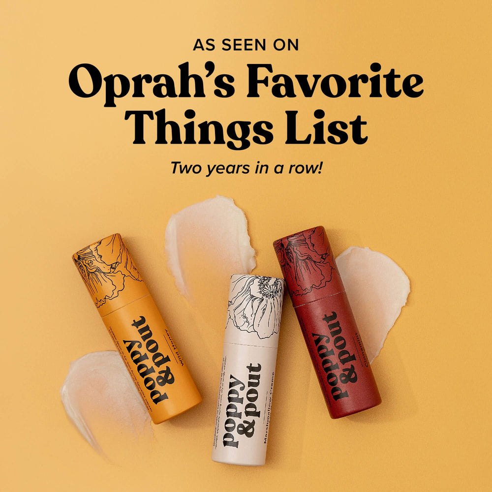 Poppy & Pout ingredientes: cera de abejas, coco y vitamina E para nutrición diaria